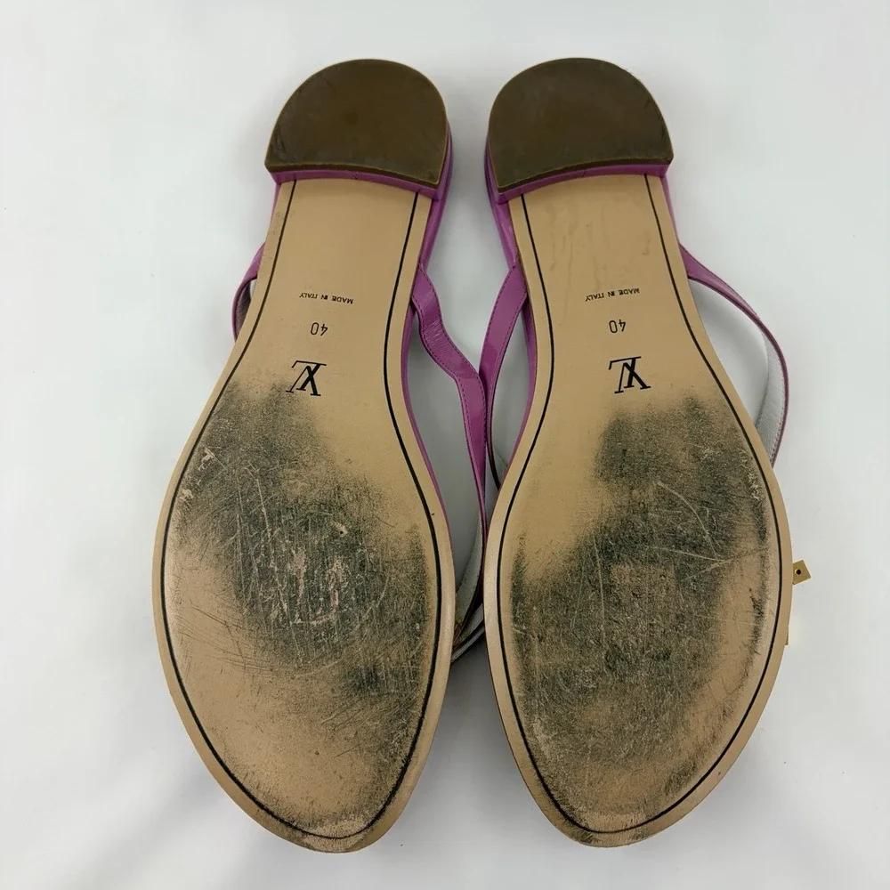 Louis Vuitton Women's Pink Leather Thong Sandals Size 40 Gold LV Charm Italy - Picture 7 of 9